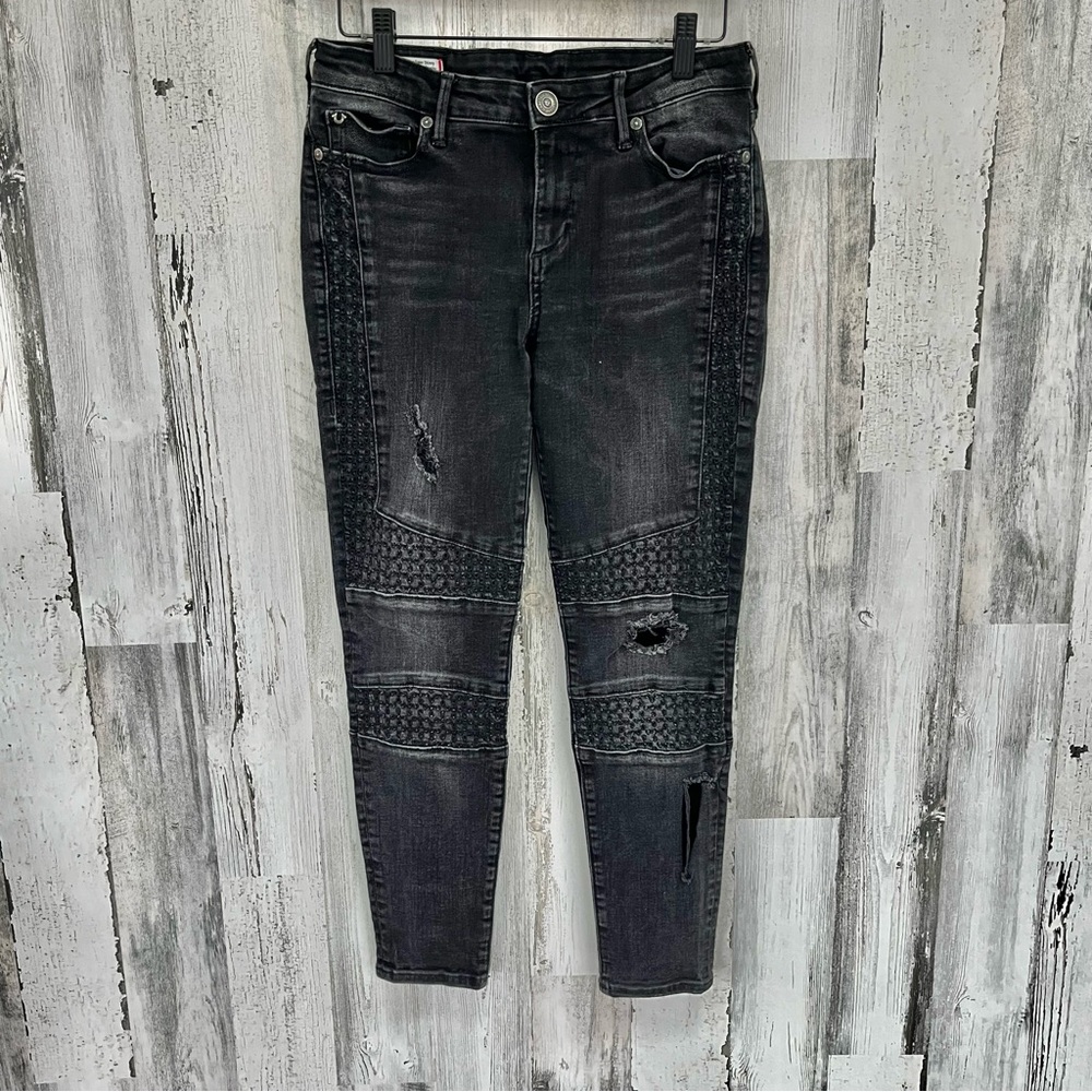 True Religion Women’s Halle Mid Rise Super Skinny Black Denim Jeans Size 28X26